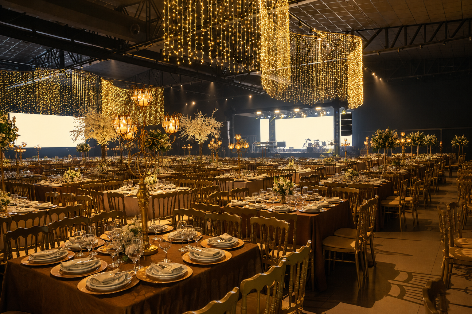 Salão do Garden Eventos montado com mesas e iluminação dourada